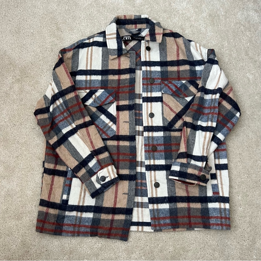 Zara Women's Plaid Shirt Jacket - Navy, Red, Beige
